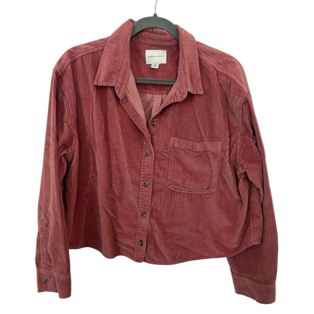 American Eagle Corduroy Cropped Button down shirt Size Large Mauve Pink Boho